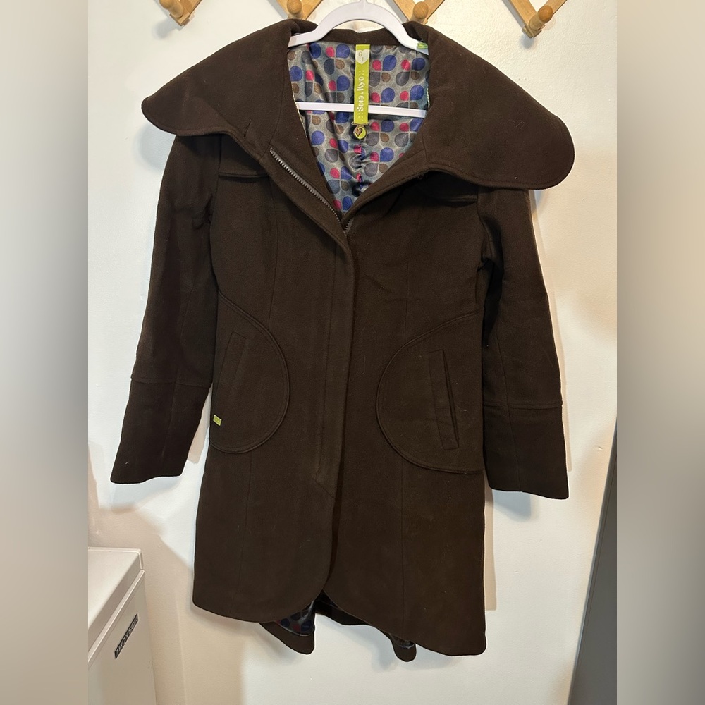 Soia Kyo Brown Shawl‎ Collar Wool Trench Coat Full Zip Large Warm Preppy Classic